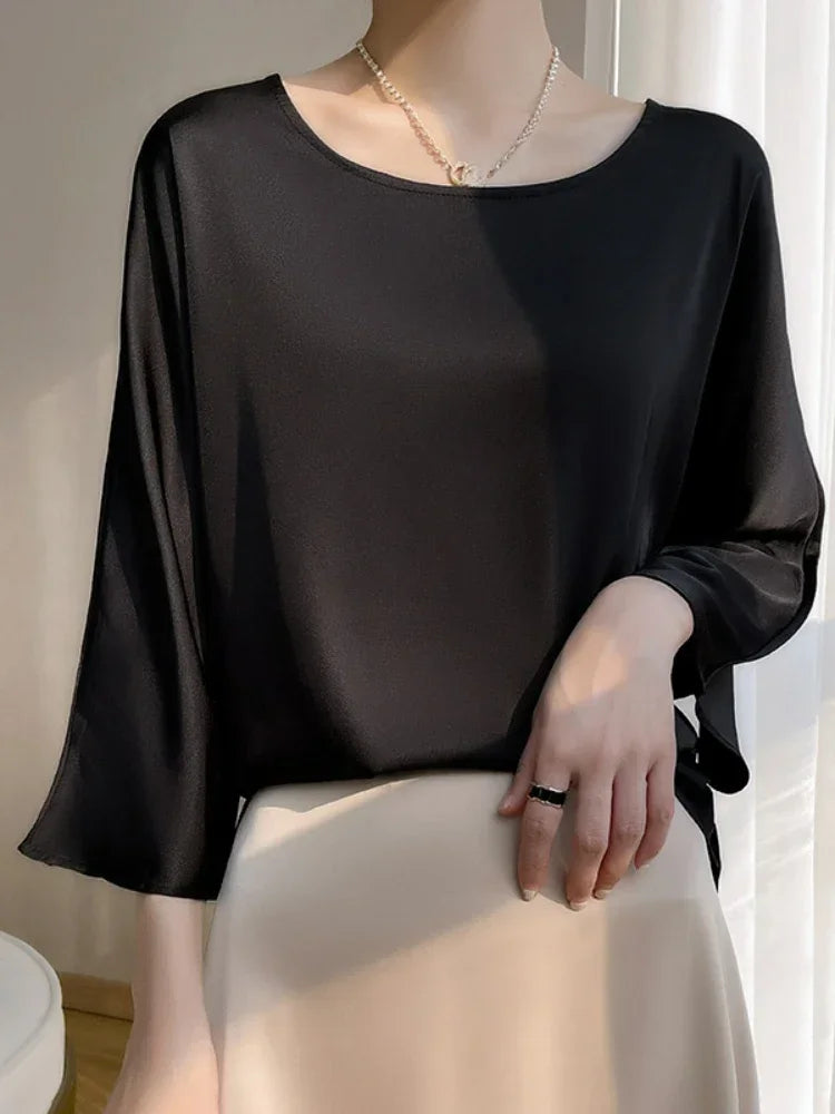 2025 New in Elegant Blouses for Women Spring Summer Oversized T-shirt Casual Loose Satin Slik Shirt Office Ladies Women's Tops