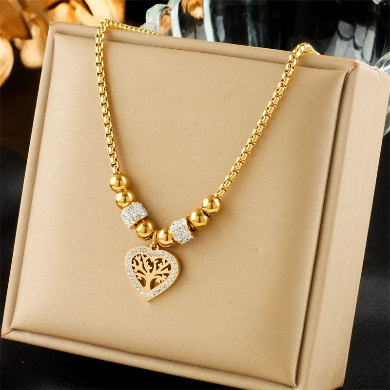 DIEYURO 316L Stainless Steel Heart-Shaped Tree Pendant Necklace For Women New Fashion Beads Choker Chains Jewelry Gift Party