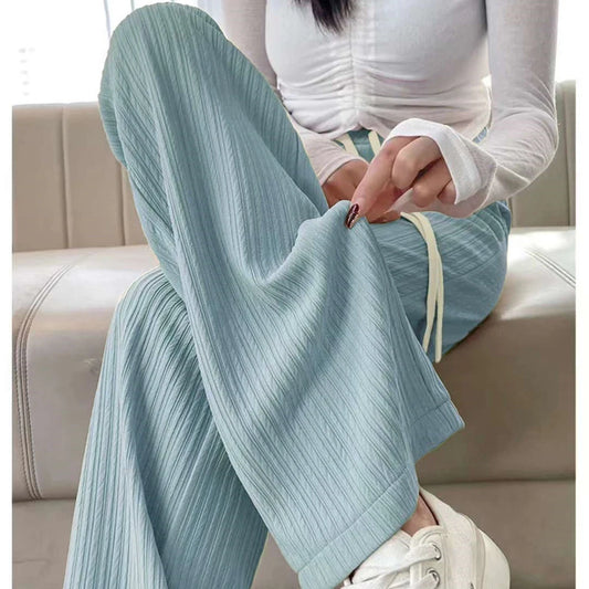 Summer Cool Ice Silk Straight Pants Women Fashion High Waist Wide Leg Trousers Female Solid Sagging Feeling Baggy Casual Pants