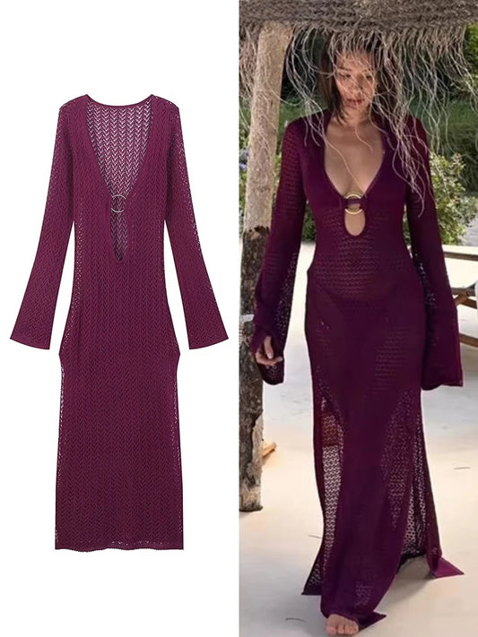 TRAF Women's Side Split Knit Package Hip Dress New Deep V Neck Slim Sexy Long Sleeve Long Dresses Banquet Dinner Evening Gowns