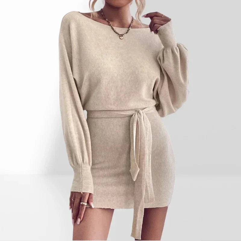 New Women Elegant Long Sleeve Bodycon Dress Boat Neck Batwing Sleeve Belted Dress Sweater Wool Woman 2025 Winter Commute Mini Dresses