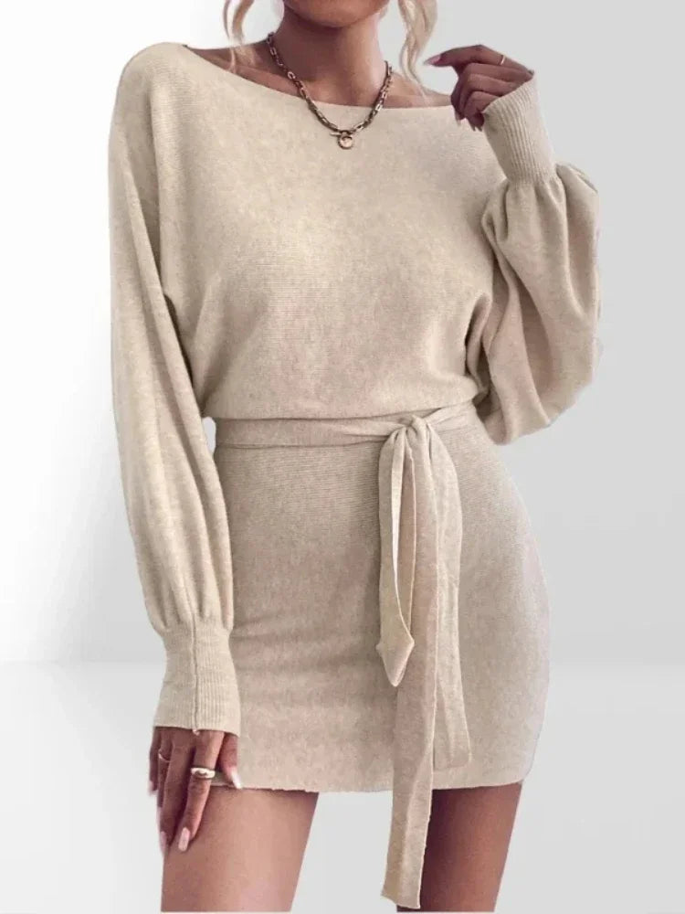 New Women Elegant Long Sleeve Bodycon Dress Boat Neck Batwing Sleeve Belted Dress Sweater Wool Woman 2025 Winter Commute Mini Dresses