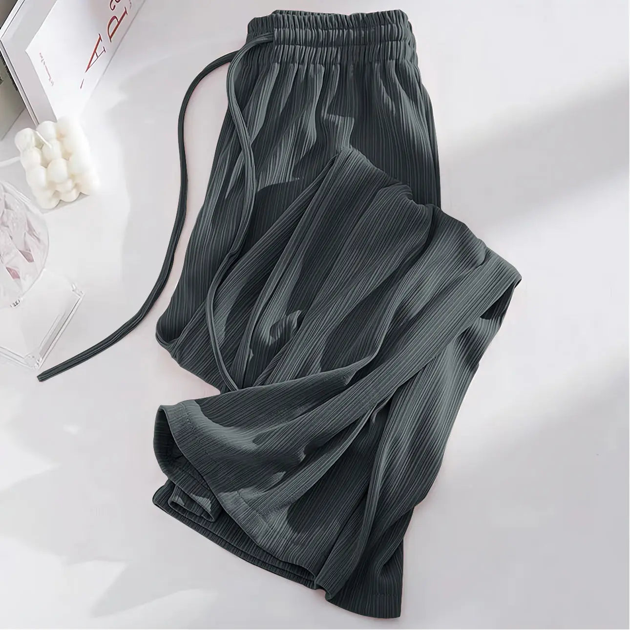 Summer Cool Ice Silk Straight Pants Women Fashion High Waist Wide Leg Trousers Female Solid Sagging Feeling Baggy Casual Pants