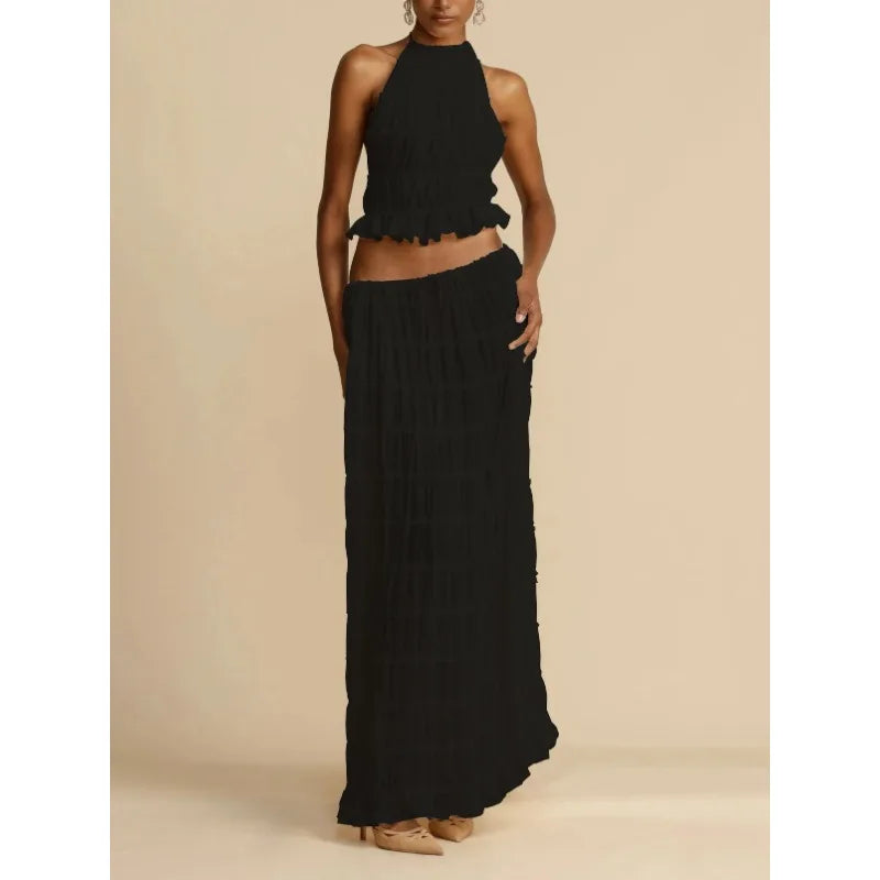 Talenza Lace Neck Strap Long Skirt Set 2-piece Women's Sexy Backless Folded Vest Long Skirt Set Loose Vacation Women's Skirt Set