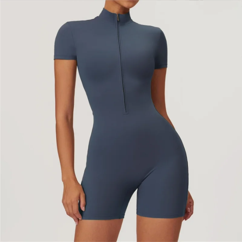 European and American nude one-piece yoga suit with stand up collar, half zipper, short sleeved fitness jumpsuit, tight fitting