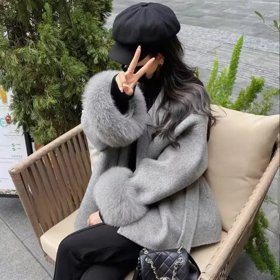 High End Double-sided Wool Strapping Real Wool Fur Coat Women's Removable Cuffs Fox Fur Temperament Cashmere Short Jacket