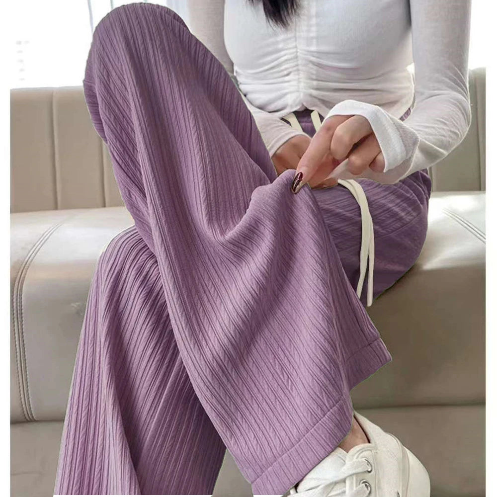 Summer Cool Ice Silk Straight Pants Women Fashion High Waist Wide Leg Trousers Female Solid Sagging Feeling Baggy Casual Pants