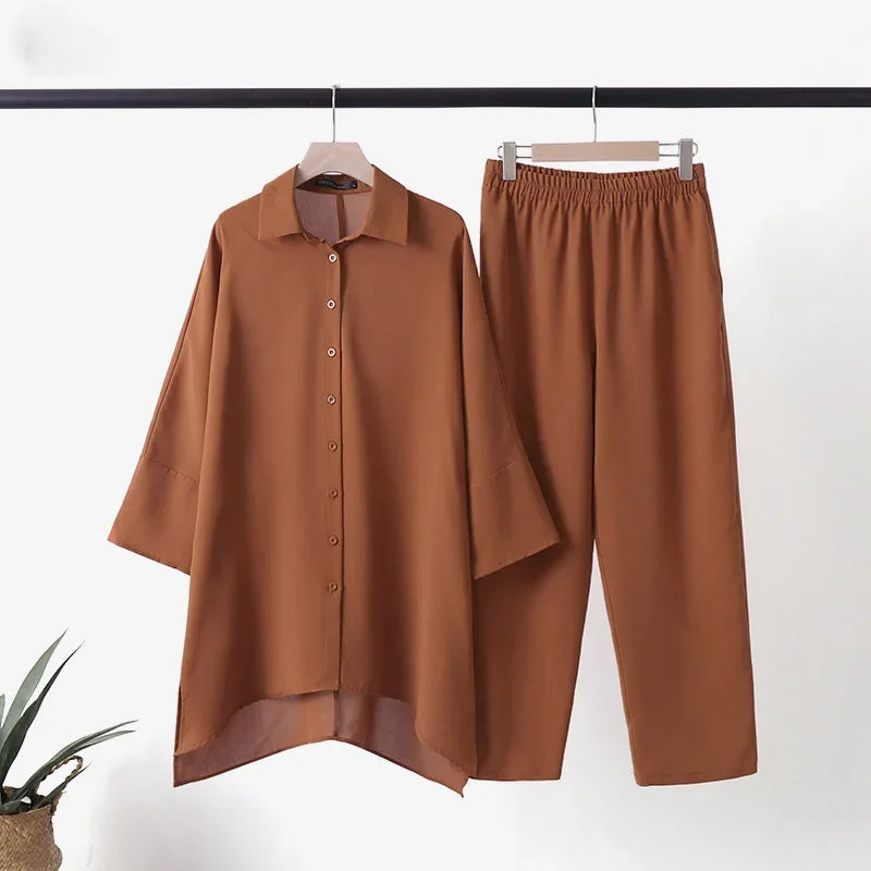 Cross-Border Shirtsuit Women's Malaysian Muslim Fashionable Casual 2-Piece Set Plus Size Clothing From China Mainland