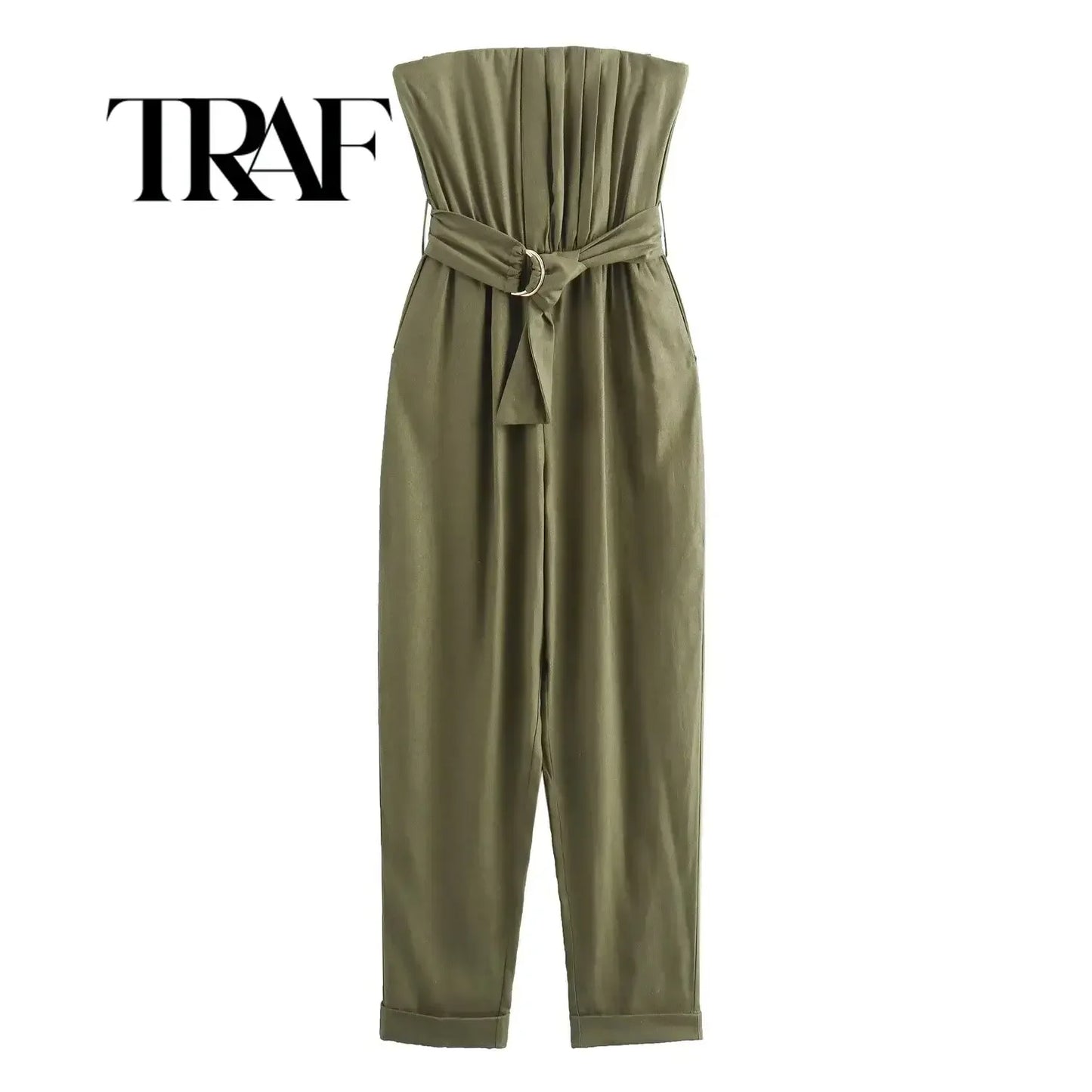 TRAF Women Fashion With Belt ArmyGreen Side Zipper Backless Jumpsuits Vintage Strapless Slash Neck Female Chic Lady Rompers