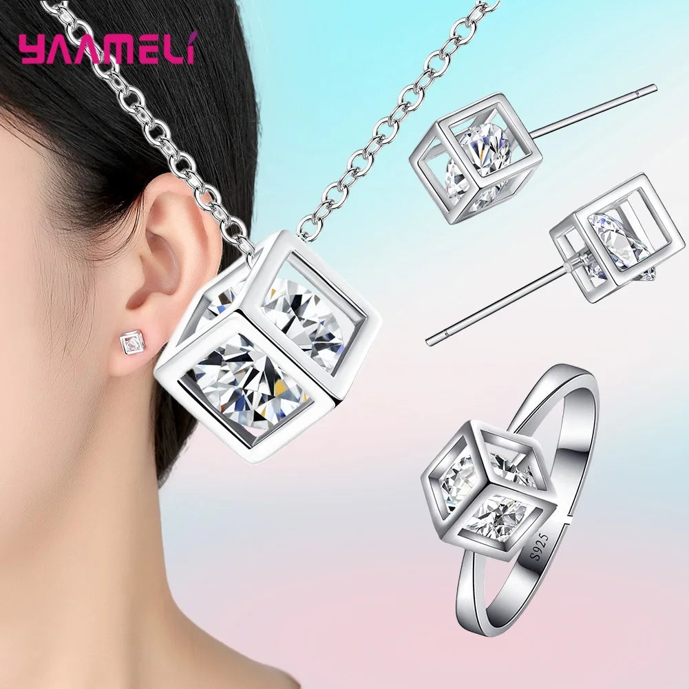 Top Sale Sterling Silver Color Jewelry Gift Set Cube Cubic Zircon Necklace/Earrings/Bracelet/Ring for Wedding Engagement