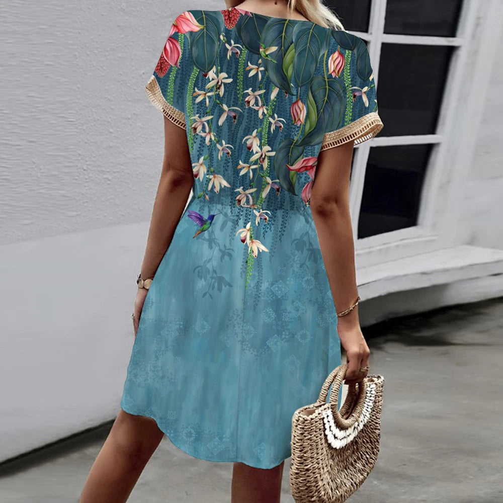 2025 New European and American Spring/Summer Printed Bat Sleeves Lace V-Neck Waist Wrap Short Sleeve Medium Length Dress