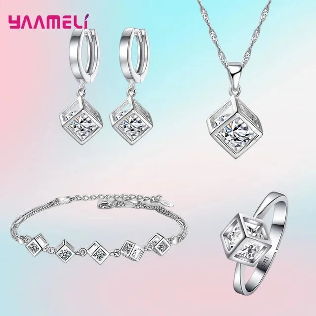 Top Sale Sterling Silver Color Jewelry Gift Set Cube Cubic Zircon Necklace/Earrings/Bracelet/Ring for Wedding Engagement