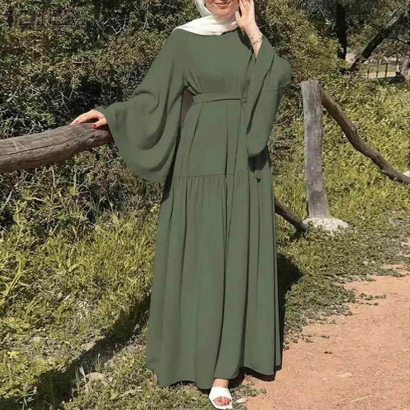 Long-sleeved Muslims Dubai Abayas Fashion O-neck Dress for Women Spring Solid Color Casual Robe Female Islam Clothes with Belt,hijab