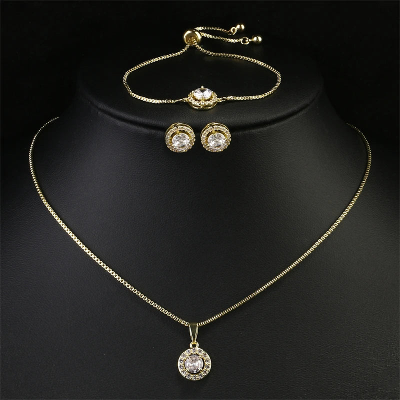 Simple Geometric Round Zircon Pendant Necklace for Women Clear  AAA Zirconia Crystal Charm Chain Necklaces Wedding Jewelry Sets