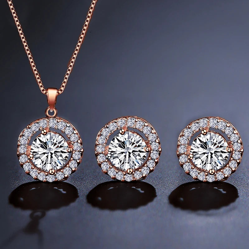 Simple Geometric Round Zircon Pendant Necklace for Women Clear  AAA Zirconia Crystal Charm Chain Necklaces Wedding Jewelry Sets