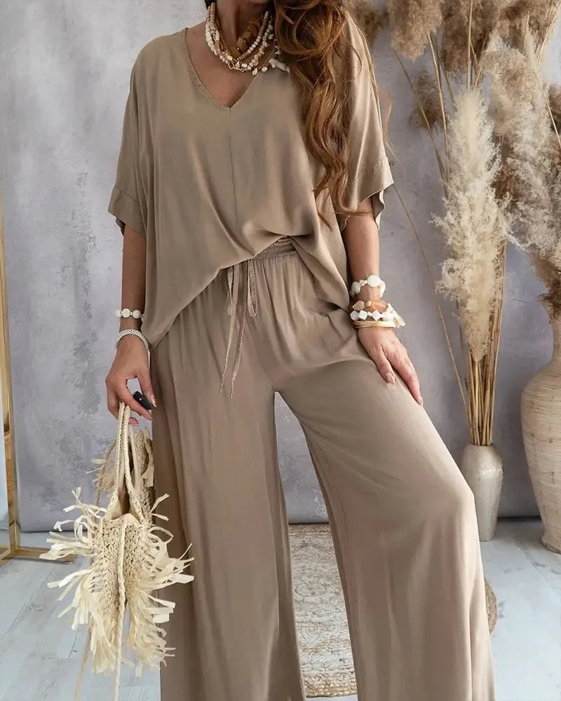 Summer White Two Piece Set For Women V Neck Bat Sleeve Top Casual Loose Lace Up Wide-leg Pants 2 Piece Suit Home Outfits Women's