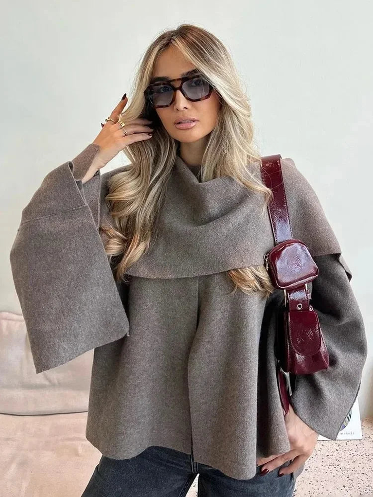 Ladies Autumn Winter Jacket Women Casual Commuter Coat Knitted Loose Oversize Coat Asymmetric Elegant Split Chic Scarf Jacket