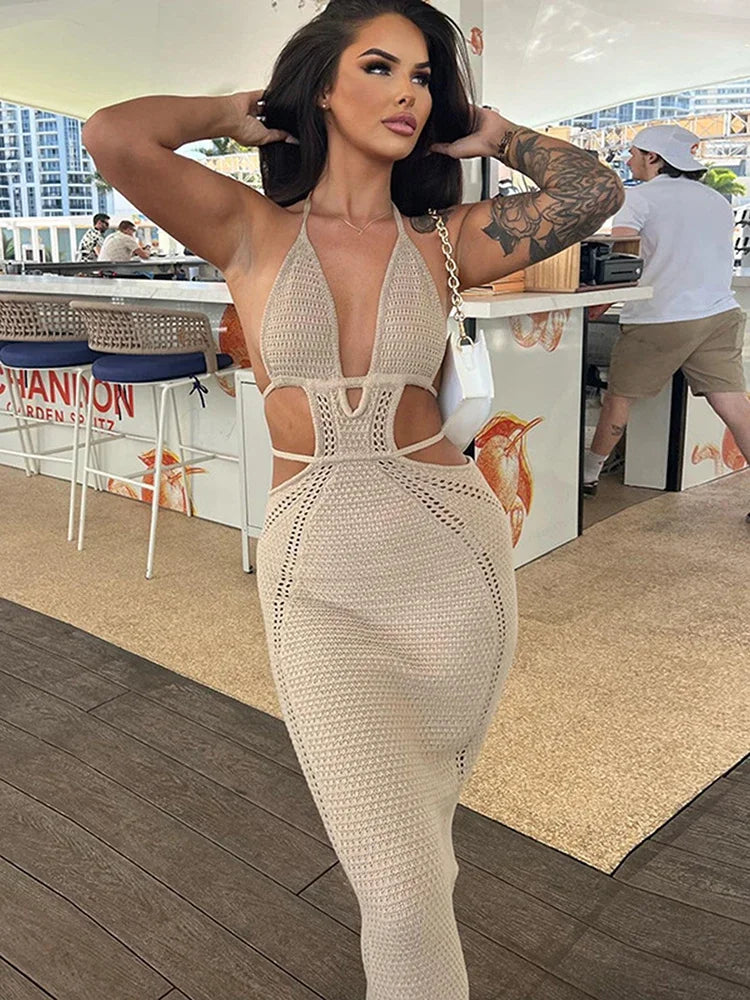 BWQ Knitted Lace Up Halter Midi Dress Women Bodycon Sexy Streetwear Party Club Outfits Beach Crochet Long Dress Fall Winter