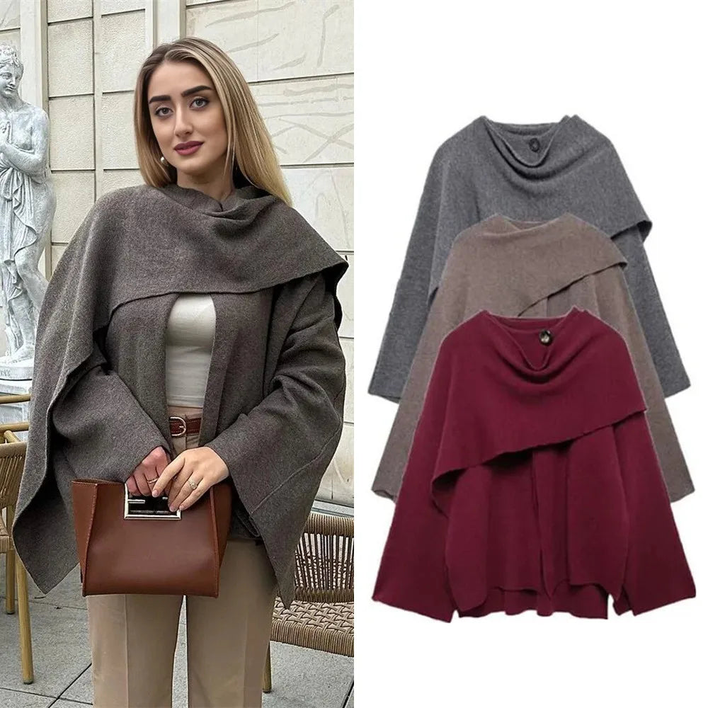 Ladies Autumn Winter Jacket Women Casual Commuter Coat Knitted Loose Oversize Coat Asymmetric Elegant Split Chic Scarf Jacket