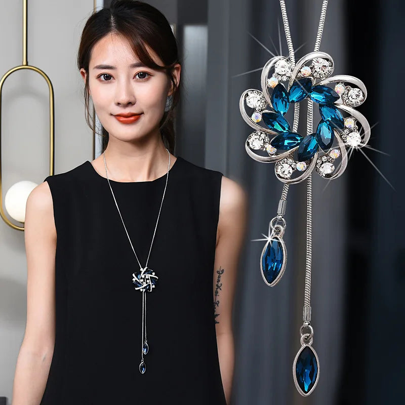 Fashion Black Rose Flower Long Necklace Sweater Chain Metal Crystal Pendant Necklaces Adjusted