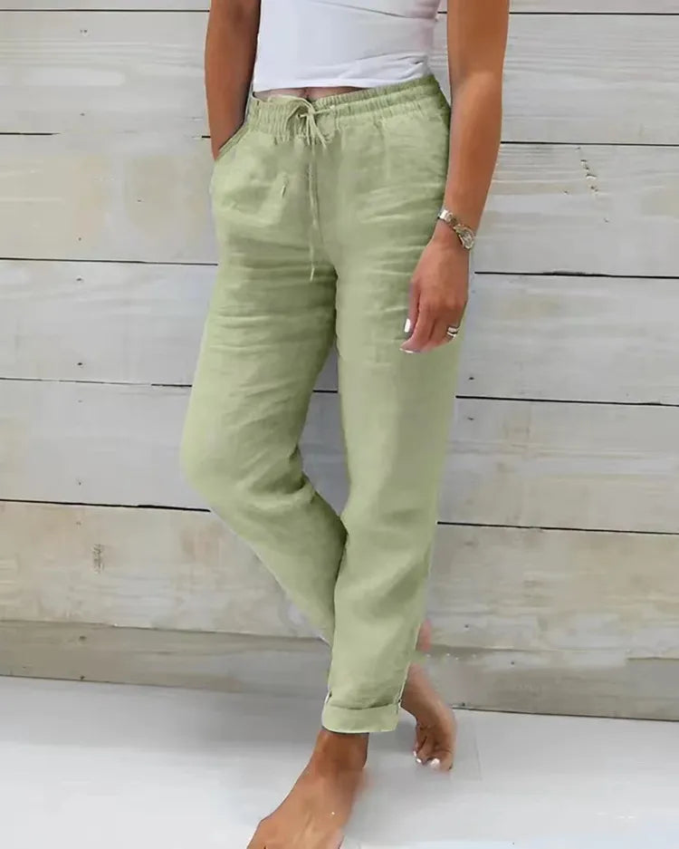 Cotton Linen Summer Pants for Women High Waist Elastic Casual Trousers Streetwear Solid Female Clothes 2025 Loose Pencil Pants