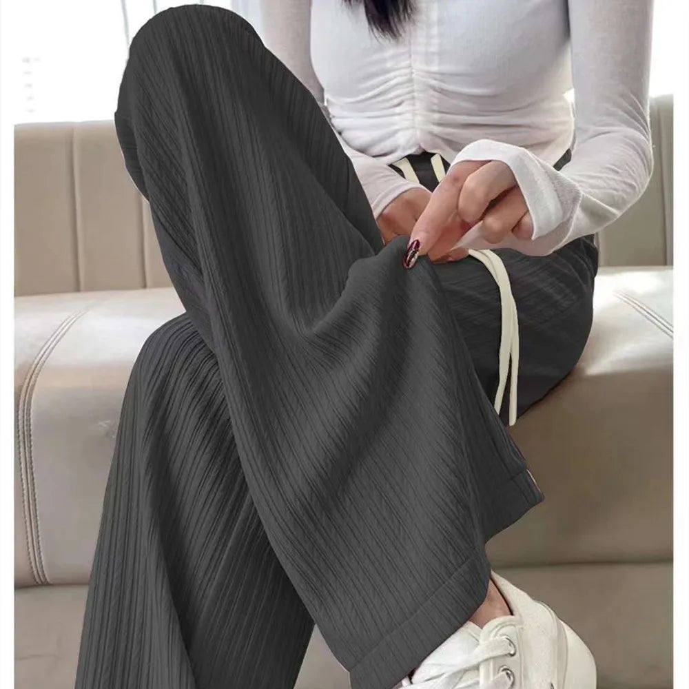 Summer Cool Ice Silk Straight Pants Women Fashion High Waist Wide Leg Trousers Female Solid Sagging Feeling Baggy Casual Pants