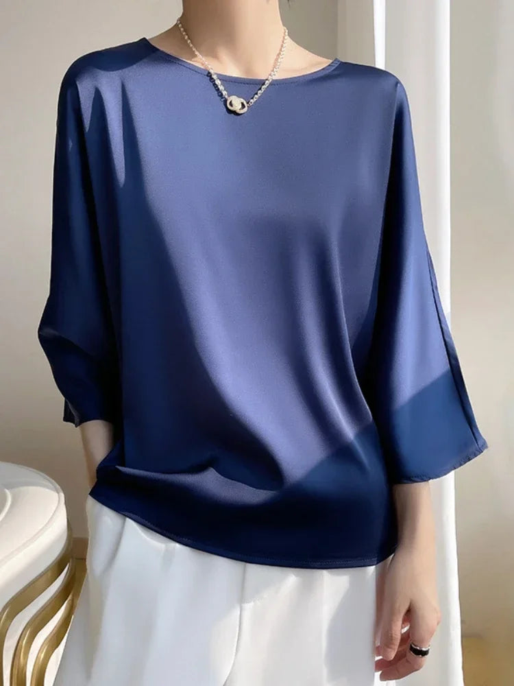 2025 New in Elegant Blouses for Women Spring Summer Oversized T-shirt Casual Loose Satin Slik Shirt Office Ladies Women's Tops