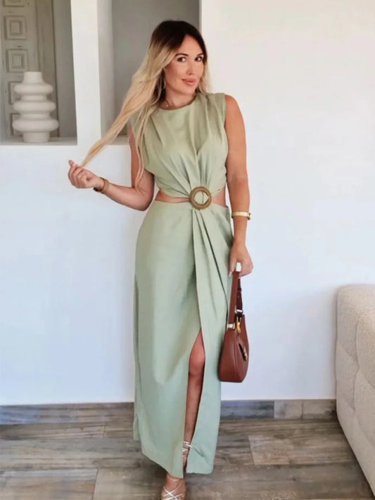 Summer Women Solid Elegant Midi Dress Fashion Waist Hollow Out Sleeveless Dresses Back Zipper Split Long Dress Vestidos TRAF